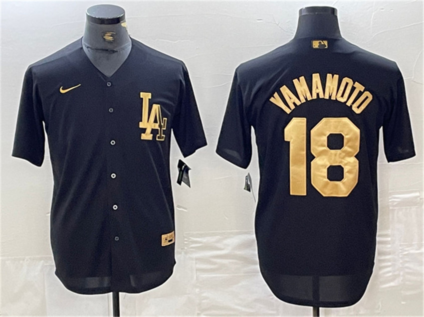 Men's Black Los Angeles Dodgers #18 Yoshinobu Yamamoto Cool Base Stitched Baseball Jersey
